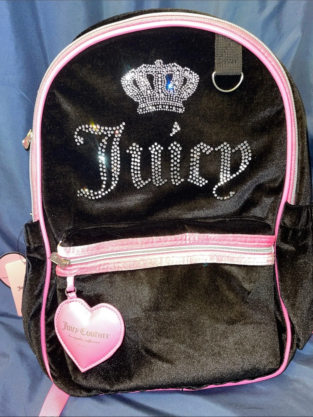 Juicy Couture Black Velvet Kids Backpack with Pink Trim and Rhinestones